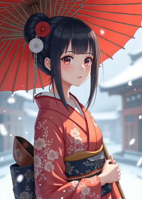 A young Japanese woman in a traditional kimono with intricate patterns, standing under a Japanese parasol in a snowy landscape. She has an elegant hairstyle with decorative hairpins (kanzashi). The art style blends realism with anime aesthetics, featuring ...