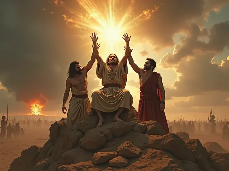 MOSES SITTING ON THE ROCK WITH GODS MISCHIEF IN HIS HANDS AND AARON AND HUR HOLDING MOSES ARM, WHILE ISRAEL WAS FIGHTING AGAINST THE AMALEKITES