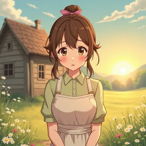  A kind woman with brown hair tied in a simple bow ,  serene face with eyes full of warmth and compassion .  She wears a modest dress in pastel colors and a slightly stained white apron.  His expression is protective and affectionate ,  as if he were looki...