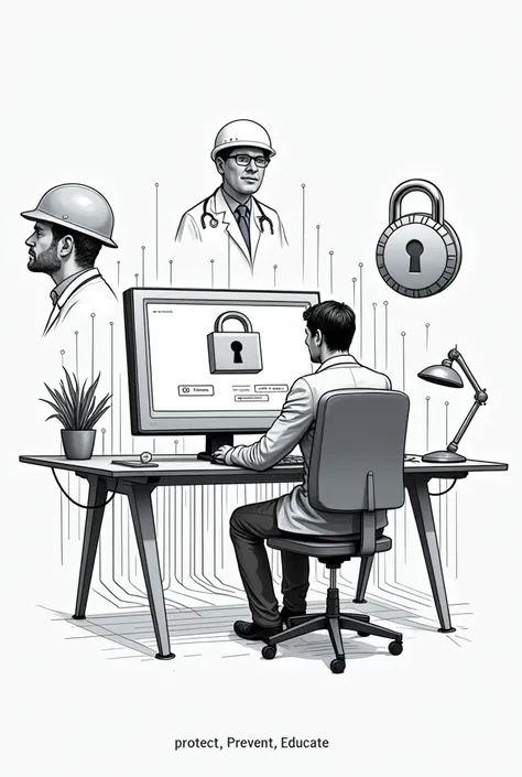 Main drawing :  A person in front of a computer with a large padlock on the screen.
 Details depending on the profession :
 A stethoscope for doctors .
 A helmet for engineers .
 A small scale for lawyers .
bottom:  Straight lines that simulate circuits an...