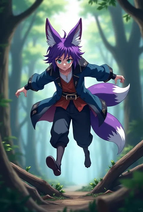  Anime style. Slender humanoid Kitsune male, has human face. Tall. Has expressive cyan eyes, purple hair, purple fox ears with white ear fluff. Has two fluffy purple tails with white tips like a fox. Wears fantasy-based clothes akin to a vagabond or assass...