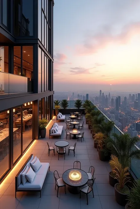  A modern and sophisticated rooftop ,  located at the top of the 50-story tower ,  offering an incredible panoramic view of the city .  The design of the space is minimalist and elegant ,  with outdoor seating areas composed of sofas and chairs made of dur...