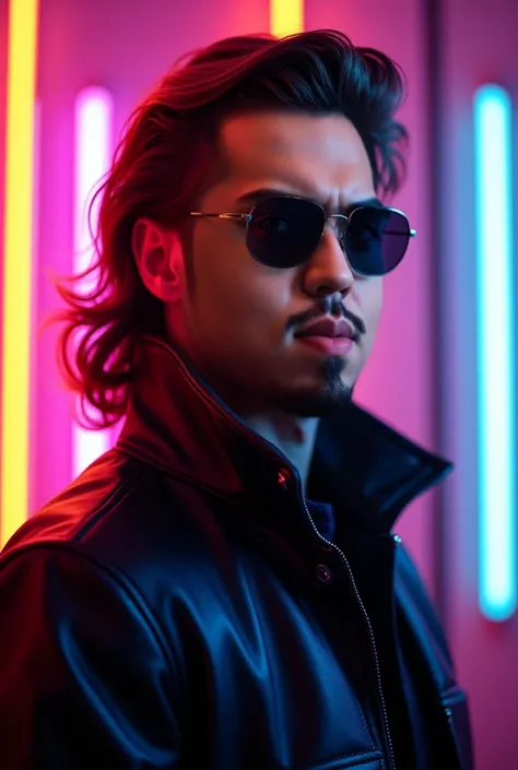 A handsome man with a nice jaw line with a goatee, wavy Daryl Hall mullet from the 1980s, black clothing, neon lights from the 1980s, sunglasses