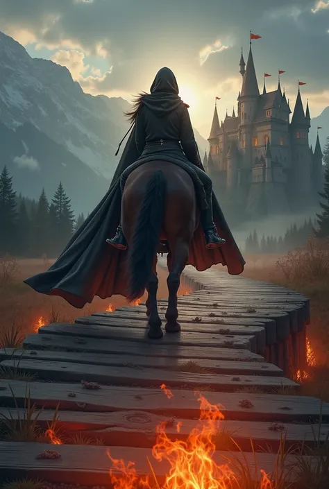  I would like to create the cover of a book called The Choice is my Throne ,  where there will be a hooded princess riding a horse crossing a wooden bridge,  where it will be on fire underneath , And in the background on the horizon ,  there will be a larg...