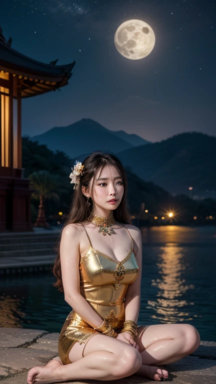 A graceful Thai woman with a perfectly proportioned figure, dressed in an exquisite traditional white Thai outfit adorned with golden trims, sits elegantly, paying respects to a Buddha statue on a cliff. She gazes upon a magnificent nighttime view that inc...