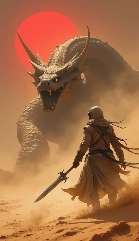 A desert rogue dressed in a dusty cloak and goggles faces a charging sand wyrm amidst a sprawling dune landscape. The rogue wields a dual-bladed dagger, poised to counter the massive, snake-like creature emerging from the sand. The reddish light of a setti...