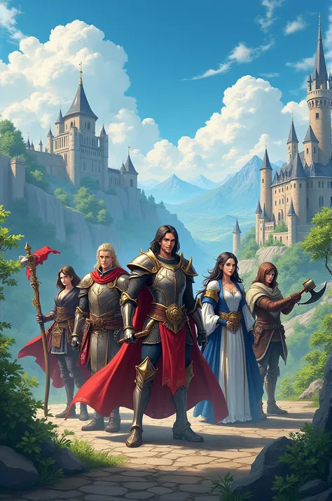  Make a stylized anime-style image , with the fantasy theme , a medieval kingdom,  where there are 5 little heroes with different RPG classes in the image. 