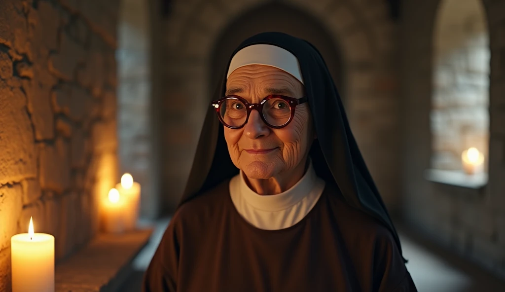 Sister Lúcia ,  human aged 60 ,  with a rounded and serene face ,  marked by light wrinkles ,  wears brown framed glasses that highlight her small and expressive eyes.  Her black veil falls perfectly over her shoulders ,  complementing the brown habit with...