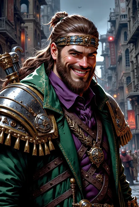 portrait oil painting of a warhammer 40k , Smileing Willem Dafoe rouge trader  green and purple clothes 