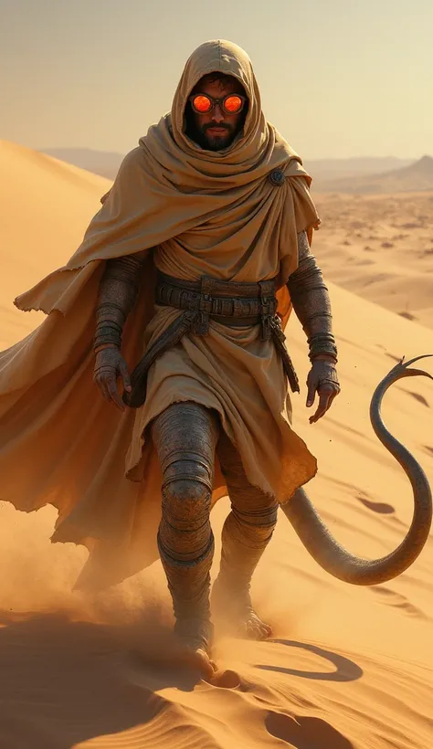 A fearsome desert hybrid warrior, part human and part sand wyrm, rises from the shifting dunes of a sprawling desert landscape. The warriors upper body is humanoid, clad in a dusty, tattered cloak, with weathered goggles reflecting the fiery red hues of th...