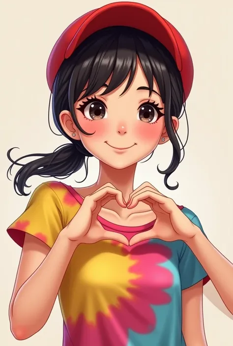 A Disney-style girl with her hair more or less tied around her shoulder and a red cap ,  with bangs and a tie dye blouse making a heart with her hand and more or less with a 17-year-old face