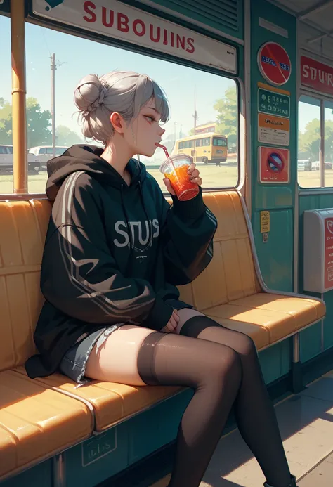 Beautiful girl with silver bun hair wearing a black oversize hoodie, wearing a short black bubble wrap, wearing black stockings, sitting at the bus stop,drinking through a straw