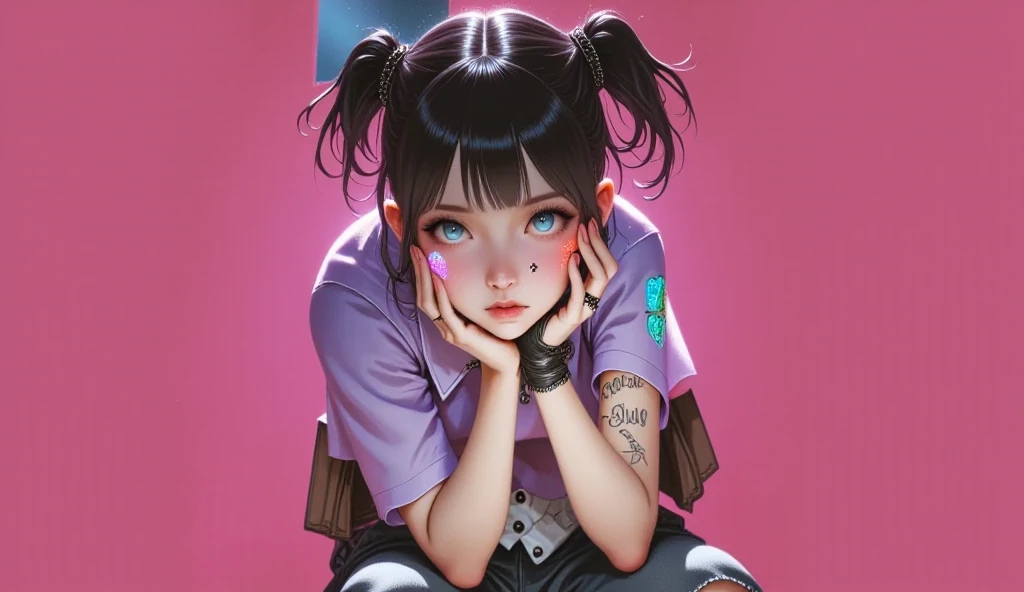  a close up of a girl with tattoos is on her arms,  straight bangs shiny black hair ,  colored sequins on the sides ,  round cufflinks ,  she is crouched with her elbows resting on her knees ,  she wears both hands on the sides of her face ,  head slightly...