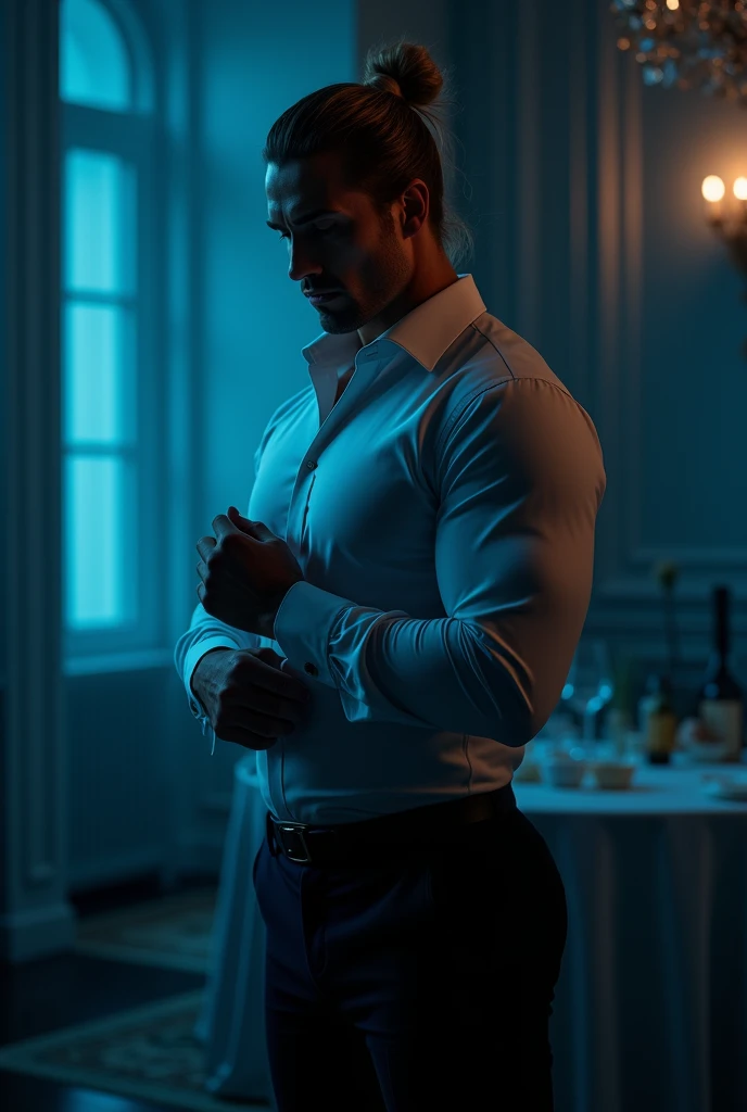 
**  Masterpiece,   Masterpiece. 
  The environment is a   **Luxury event room **,   bathed in a soft blue light that casts long shadows around the   **luxurious mansion **. ** He is fixing the sleeves of his shirt .**,  the scene is dominated by a   ** Ta...