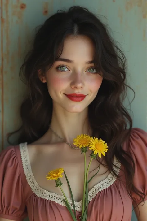      You can create a 17-year-old girl with dark hair    , long and curly,     She has sky blue eyes that frame her face elegantly     .      Her skin is pale     ,      with slightly flushed cheeks and intense red lips     , that stands out with subtlety ...