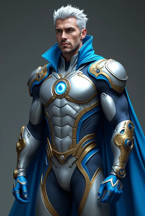 Gender Male, Silver Superhero Suit Blue and Gold Stripes, Blue Coat button, Blue Gloves, Circle Emblem, Glowing Silver Eyes, Silver Hair