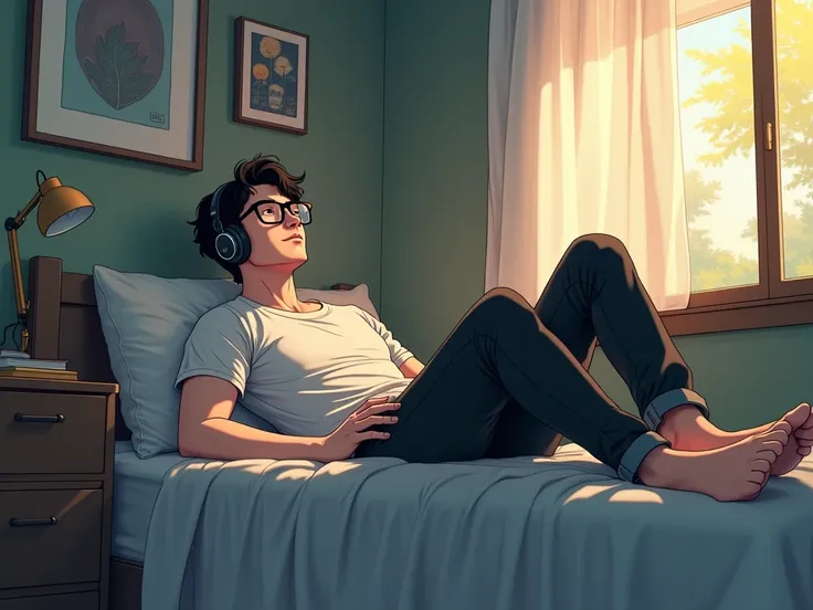 A male nerd wearing ,  athletic body, in a white shirt,  black jeans ,  grade glasses barefoot listening to music in his bedroom office and lying on his bed, In Lofi anime 