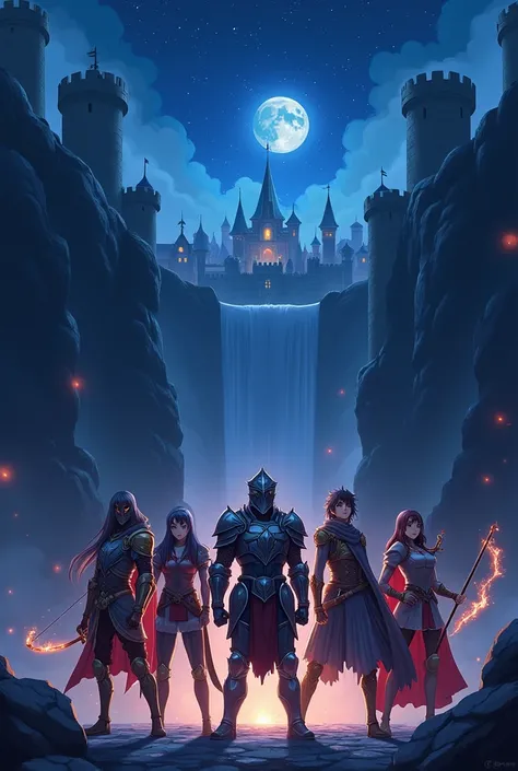  Make a stylized anime-style image , with the fantasy theme , a medieval kingdom,  where there are 5 little heroes with different RPG classes in the image. Write this sentence: ("night chasm") as title. Set the scene at night. 