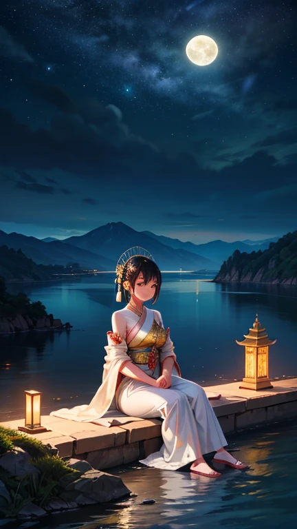 A graceful Thai woman with a perfectly proportioned figure, dressed in an exquisite traditional white Thai outfit adorned with golden trims, sits elegantly, paying respects to a Buddha statue on a cliff. She gazes upon a magnificent nighttime view that inc...