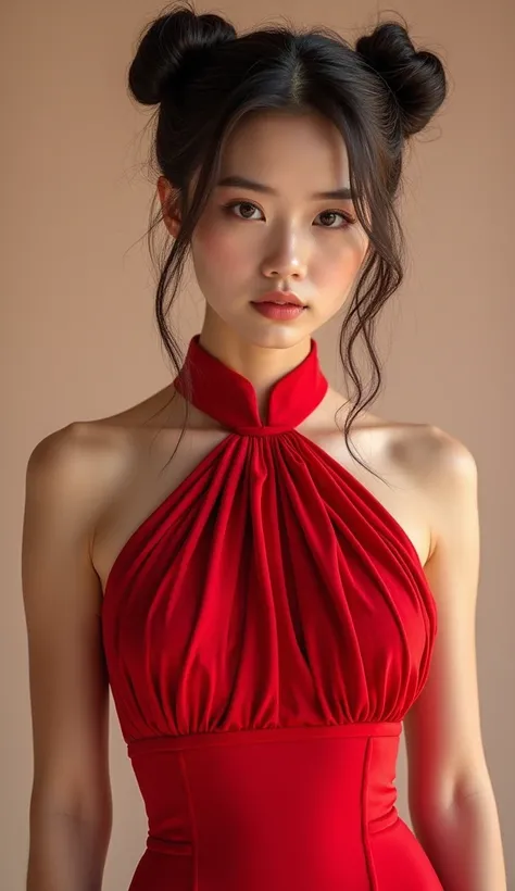 Una joven de cueRpo completo de RostRo angelical, miRada inocente, pechos enoRmes, muslos gRueso, cintuRa delgada, vientRe plano con los bRazos junto en señal de ReveRencia, vestida con un vestido qipao ajustado Rojo con boRdados de dRagones y tigRes doRad...