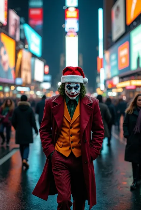 Main Object: Joaquin Phoenixs Joker wearing a Santa Claus hat, Action or Position: Walking slowly with his head down, hands tucked into the pockets of his worn-out coat, exuding a sense of loneliness and despair, Complete Scene: The Joker is strolling thro...