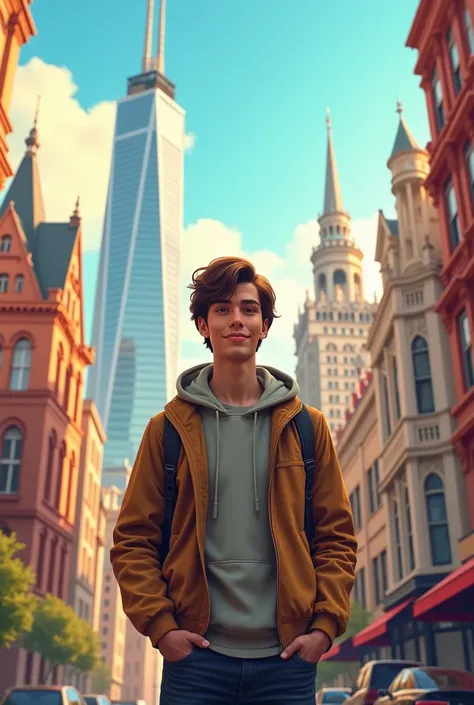 smiling young person standing confidently against a backdrop of a vibrant city skyline, showcasing a mix of modern and historical architecture, warm sunlit atmosphere