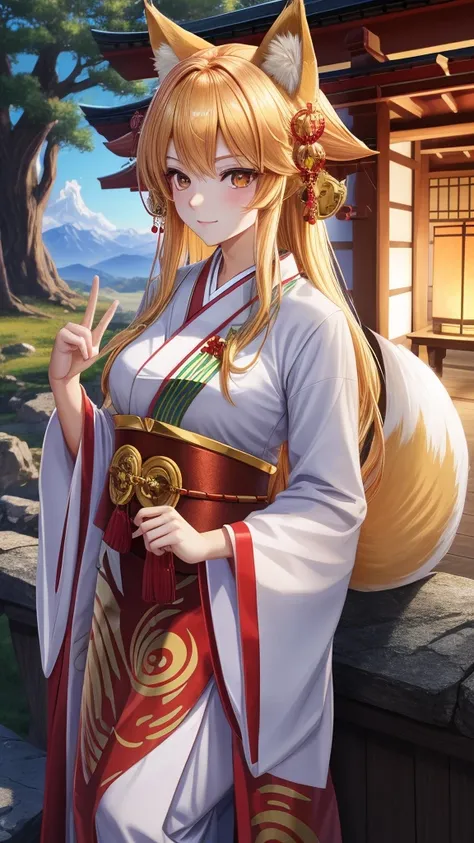 Lori, Fox ears, a blond, Golden Eyes, shrine maiden clothe, tail