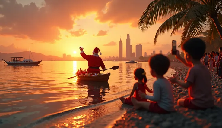 A breathtaking Manila Bay sunset with a Christmas twist, featuring Santa Claus on a small boat decorated with lights, waving at families on the shore