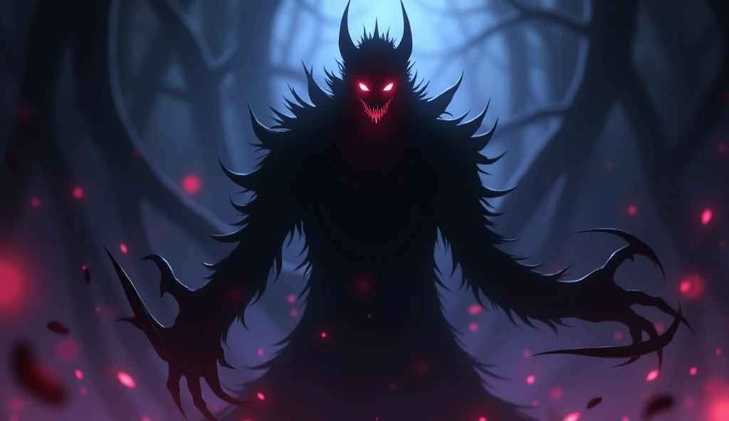  An amorphous figure made of pure shadows ,  with bright red eyes that look like embers in the dark . Its silhouette is constantly changing ,  with long sharp claws and a presence that emits a sense of danger and temptation.  The background shows a dark ab...