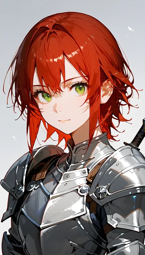 score_9, score_8, score_7_up, anime, 1girl, green eyes, red hair, sidelocks, looking at viewer, silver armor, knight armor, portrait