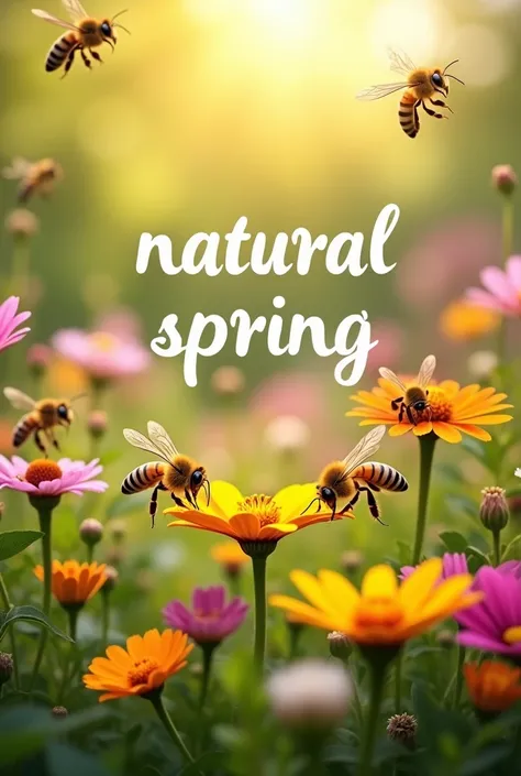  I need a promotional image of an image where there are bees where there are bees and anywhere well placed with a word or phrase that says "natural spring "