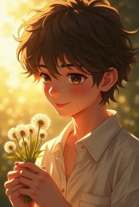  a 17-year-old boy with scrambled brown hair   ,     illuminated by the warm afternoon light that highlights his features.    Her face has a warm smile , with light skin.  Her light brown eyes hold a bouquet of dandelions 