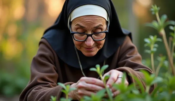 Sister Lúcia ,  human aged 60 , with a calm and serene face ,  wears large framed glasses that highlight her attentive eyes .  Wearing the brown habit and the tight black veil ,  she takes care of a small herb garden . Your hands,  marked by experience ,  ...