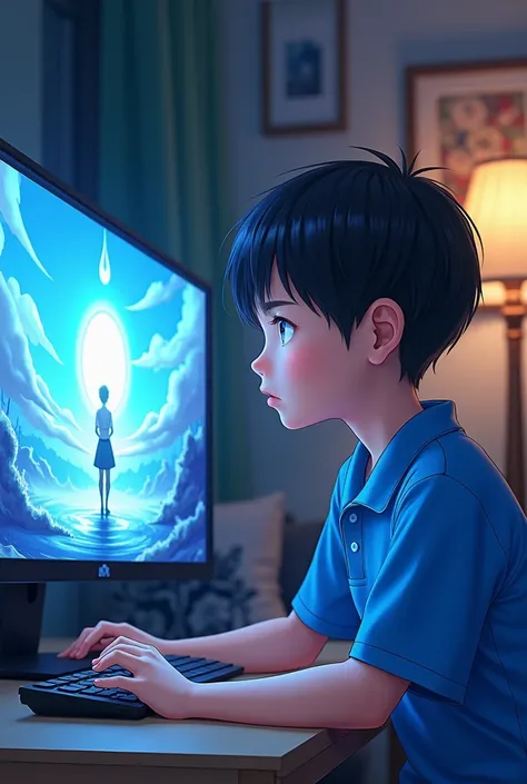 A boy playing a computer game ,  anime style ,  this boy has black hair and a blue shirt with a drop of white water in the middle of his shirt