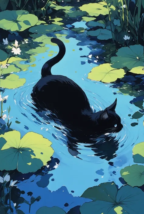 painting of a black cat swimming At the pond with lily pads, a  Digital Paint inspired by Studio Ghibli, conceptual art ,At the pond, a cat swimming in water, liquid cat, cat tail, cat.  Digital Paint, Studio Ghibli style paint , half face and tail stickin...