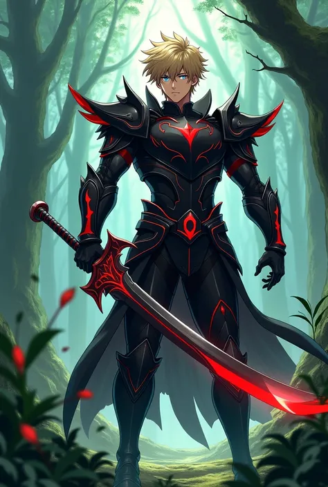 Create the image of a short blond man with blue eyes,  wearing black armor with red details, holding a huge black sword with red details, green and blue . The image must be in the form of an anime .