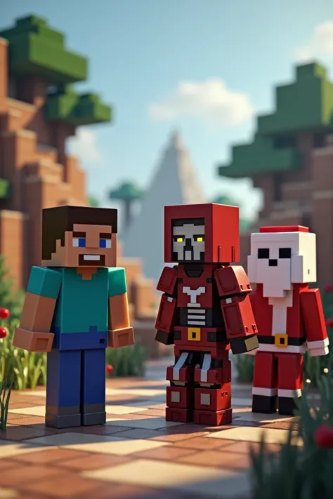 Draw Steve and a skeleton in armor and a Santa Claus and a black character from Minecraft Bedrock 