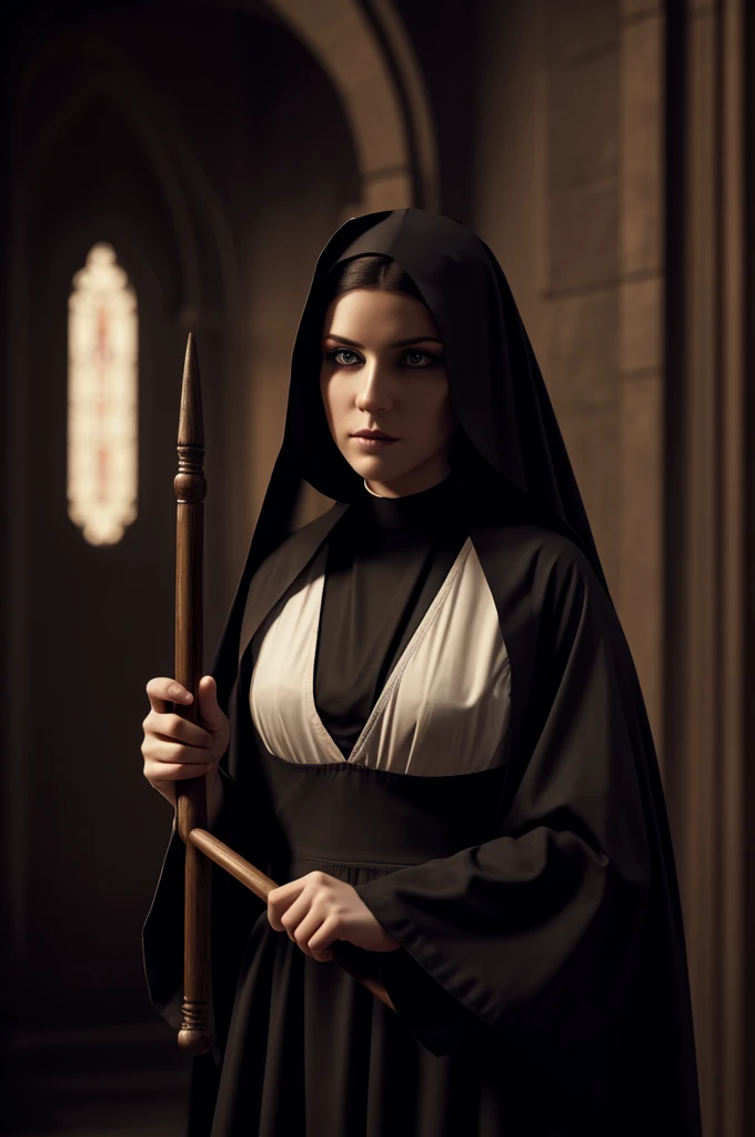 A sexy nun, looking at camera, full body, holding a spanking paddle, beautiful detailed eyes, beautiful detailed lips, extremely detailed face, long eyelashes, intricate details, high quality, 8k, photorealistic, masterpiece, cinematic lighting, dramatic l...