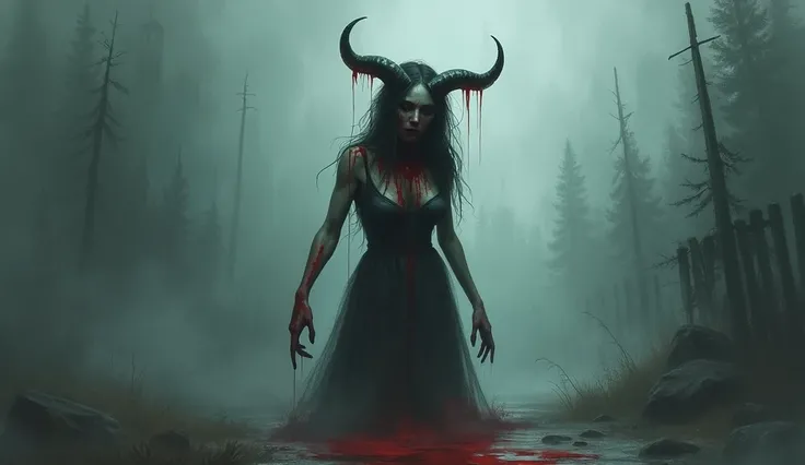 heavy fog ,  dark environment, Deformed woman with blood on her horns,  impressionist painting style 