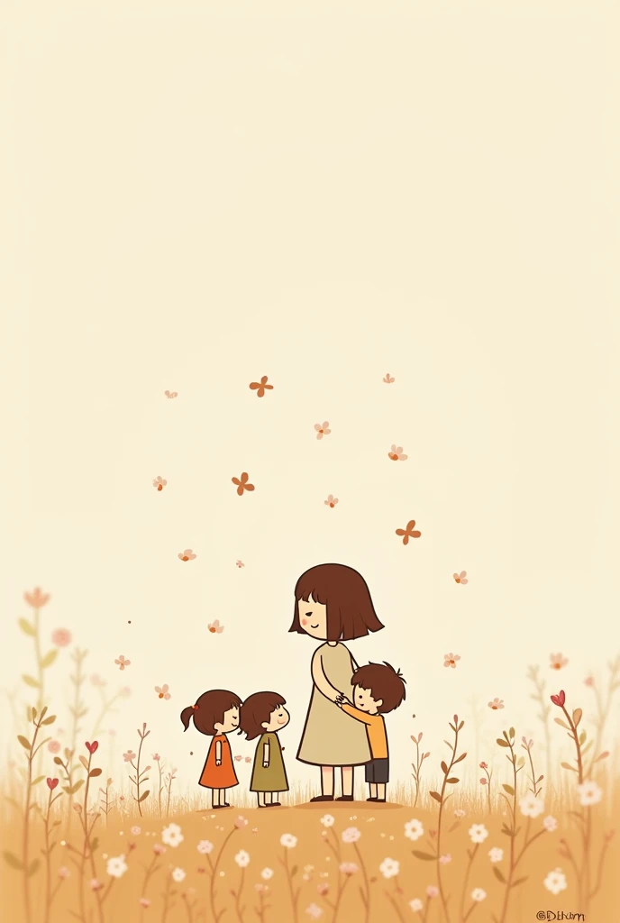  a simple stick drawing with a beige background of a tender mother in a field of flowers, with 1 wife daughter and 2 boys with brown hair 