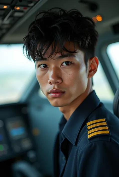 20 year old man from Indonesia, wearing airplane pilot clothes, cockpit background, shot from front angle, realistic, UHD, 8K