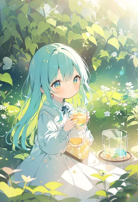 1 girl、 flavored tea、Clear pot 、Transparent cup、Drinking tea(in the garden)