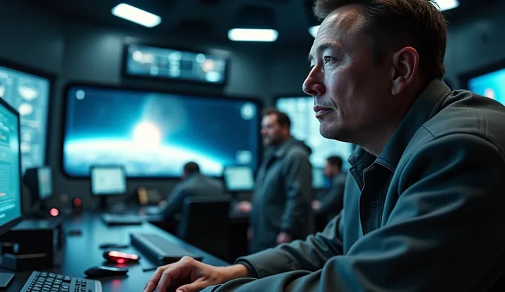 " cinematic image,  ultra realistic in 4k by Elon Musk in the NASA control room ,  watching a screen that shows a meteor on a collision course with planet Earth , showing planet Earth and the trajectory of the comet traced on the screen until it reached Ea...