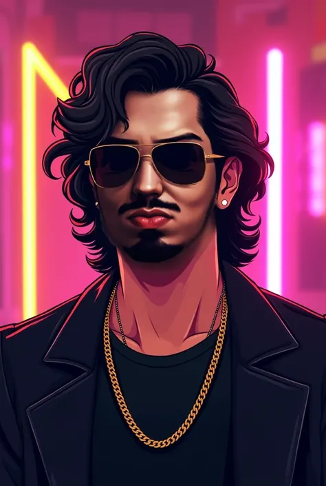 A handsome man with a nice jaw line with a goatee, wavy Daryl Hall mullet from the 1980s, black clothing, neon lights from the 1980s, sunglasses, gold chain, cartoon style, medium skinny build, smiling, showing his teeth