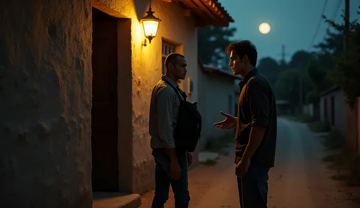 A realistic photograph of Tiago and Pedro at the door of the house. Tiago is standing still, with his black backpack hanging on one shoulder and a confident expression, while Pedrinho gestures with concern. The house is simple, with masonry walls and a sma...