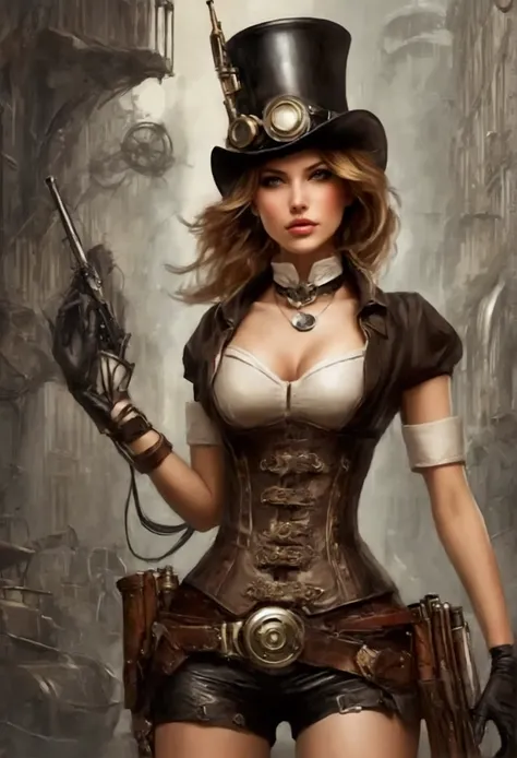 A cute woman (cute, age 25, sexy steam punk warrior, top hat, corset barely containing breasts, tight shorts, lots of clockwork and steam driven items) battling alien rape slimes in Downton Steampunk Bangkok, alien invasion, citizens in peril, damsels in d...