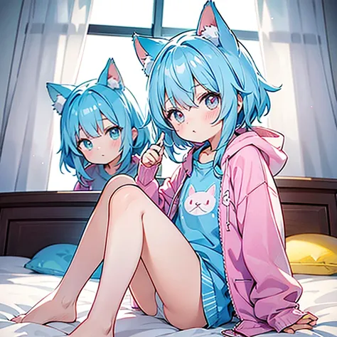 Charming light blue haired  cat ears girl wearing light blue underwear and pink coat，Sweatshirt with red face sitting on the bed，The whole body is in the mirror