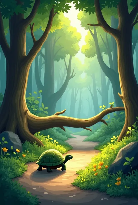 "2D cartoon picturesA serene forest scene depicting a turtle making a careful journey through a path full of obstacles. The turtle is choosing a steady path to avoid the slippery and damp ground from the rain. Upon encountering a large tree falling in its ...