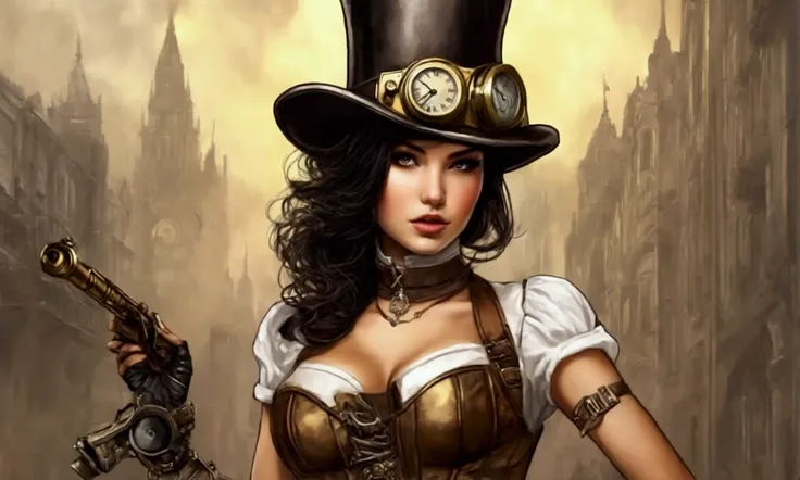 A cute woman (cute, age 25, sexy steam punk warrior, top hat, corset barely containing breasts, tight shorts, lots of clockwork and steam driven items) battling alien rape slimes in Downton Steampunk Bangkok, alien invasion, citizens in peril, damsels in d...