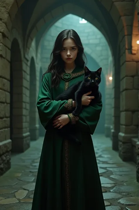 Girl in the Slytherin house uniform and a black cat in her hands